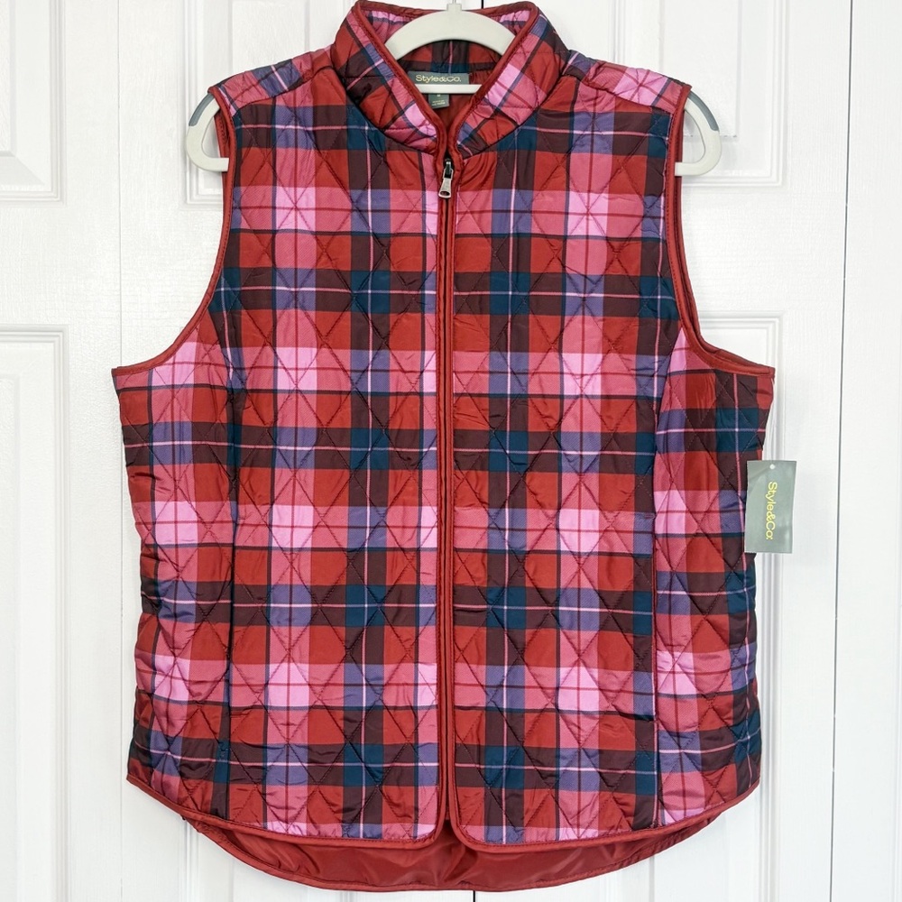 NWT Style & Co. Red Multi Plaid Quilted Full Zip Puffer Vest Medium